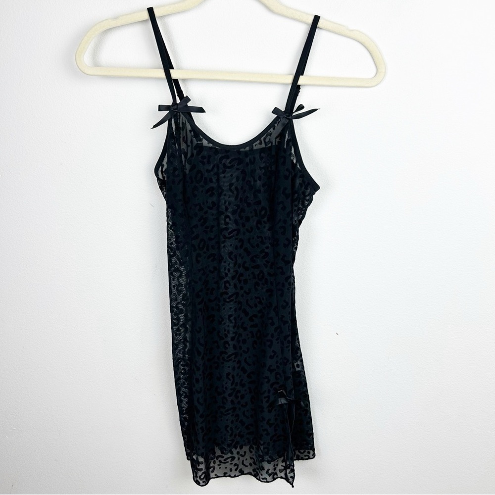 Sheer black leopard velvet mini slip dress with bows Y2K coquette size: S